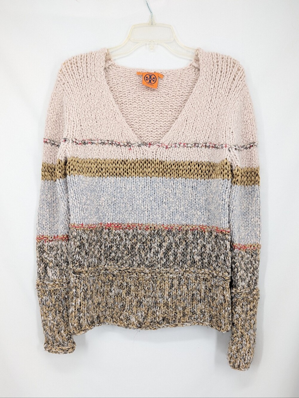 Tory Burch Wool Blend Textured Metallic Mesh V-Neck Sweater Size Small